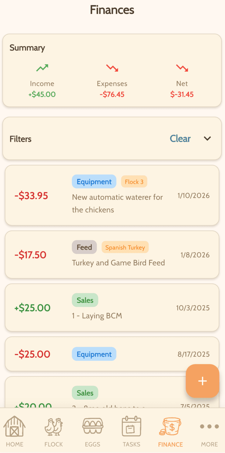 CoopSuite finances screen showing flock income and expenses
